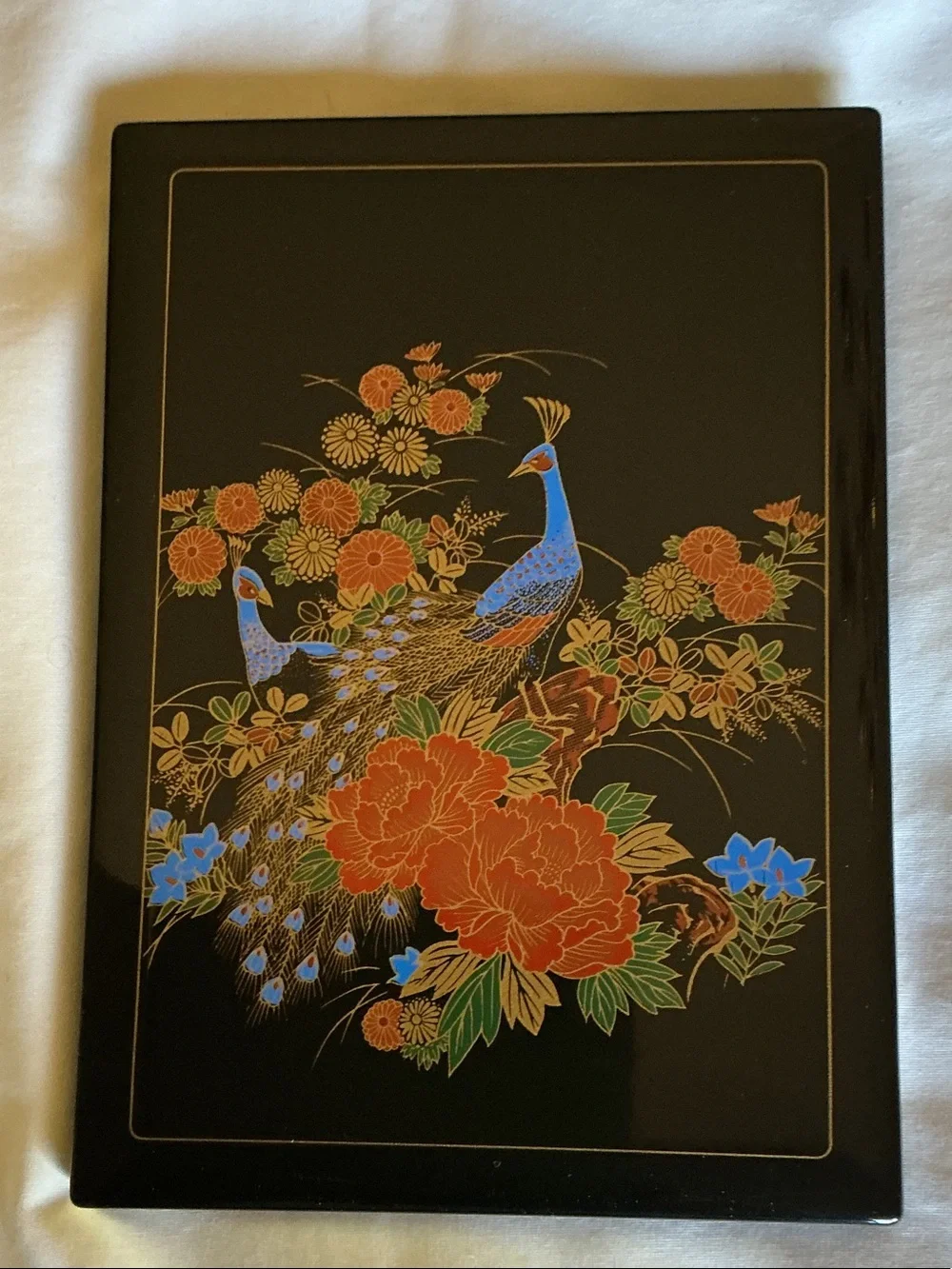 Lacquered Address Book with Blue and Orange Peacock Design